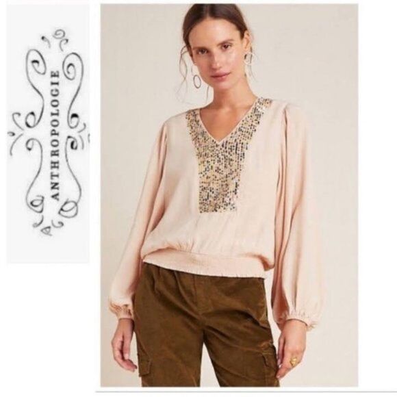 Anthro Maeve Kristie Sequined Peasant Top Pink Size Small - Picture 1 of 7